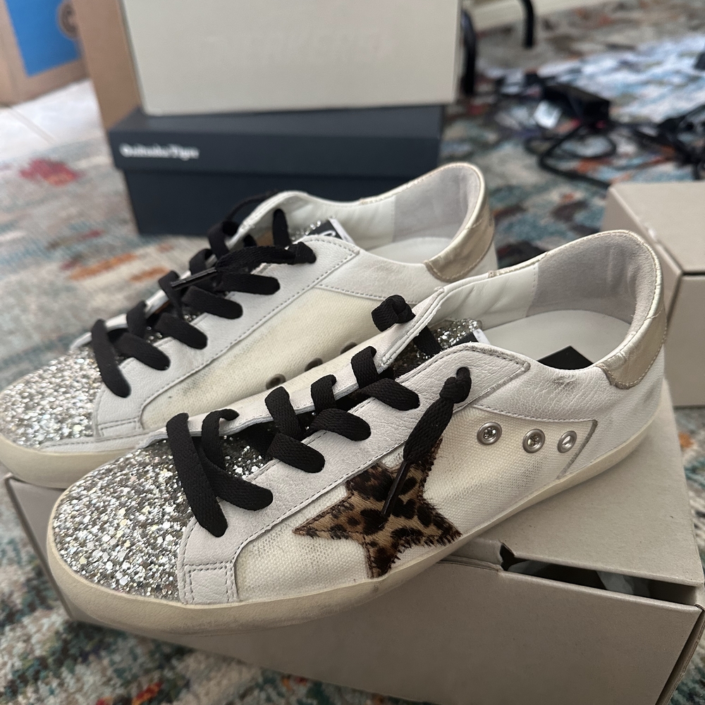 Golden Goose White and Silver Sneakers with Leopard Star